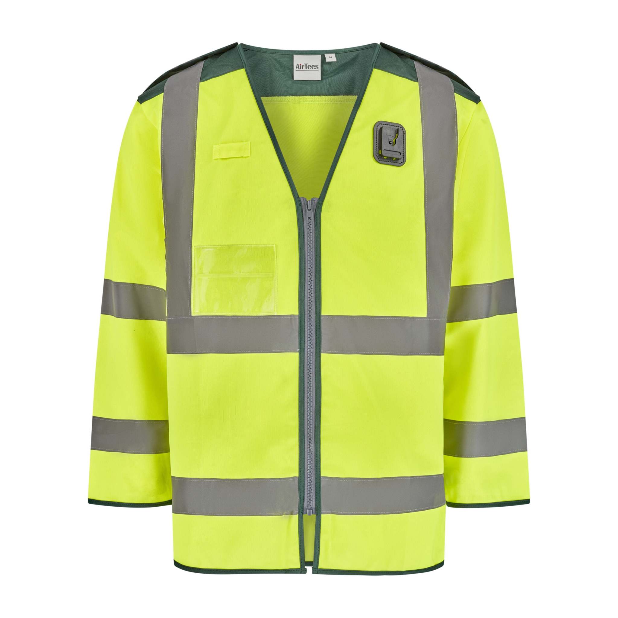 Hi Viz Ambulance Tabbard with insert pockets, fluorescent yellow, reflective tape, dark green trims, ENISO compliant.