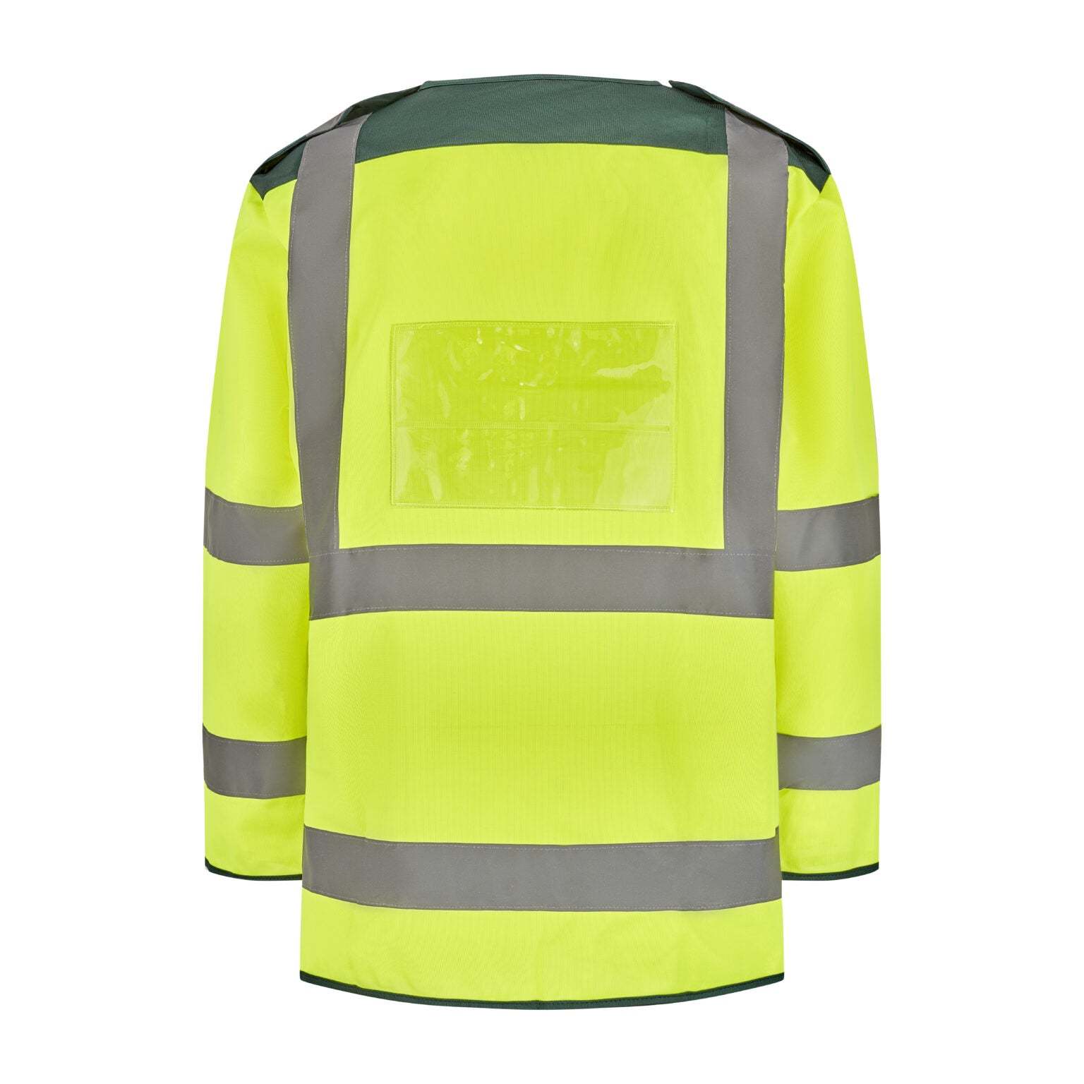 Hi Viz Ambulance Tabbard with insert pockets, fluorescent yellow, dark green trims, reflective tape, ENISO 20471-2013 Class 3 compliant.